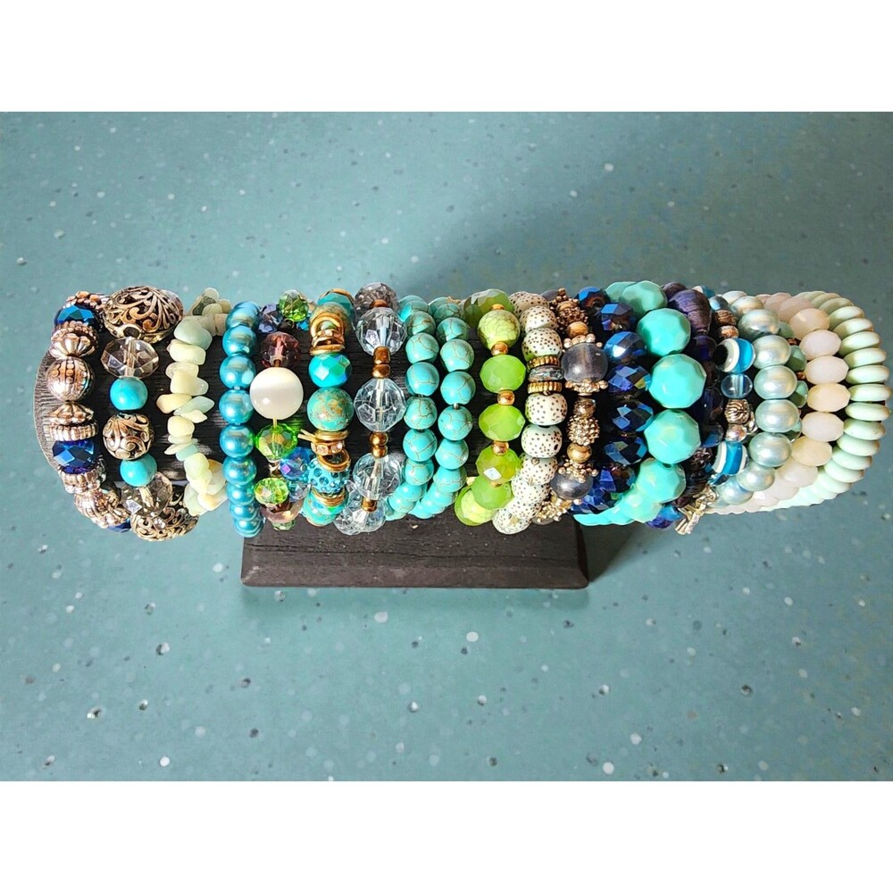 20 Pc Blue Stretch Bracelet Lot - Faux Turquoise Crystal Boho Hamsa Stack - Picture 2 of 3